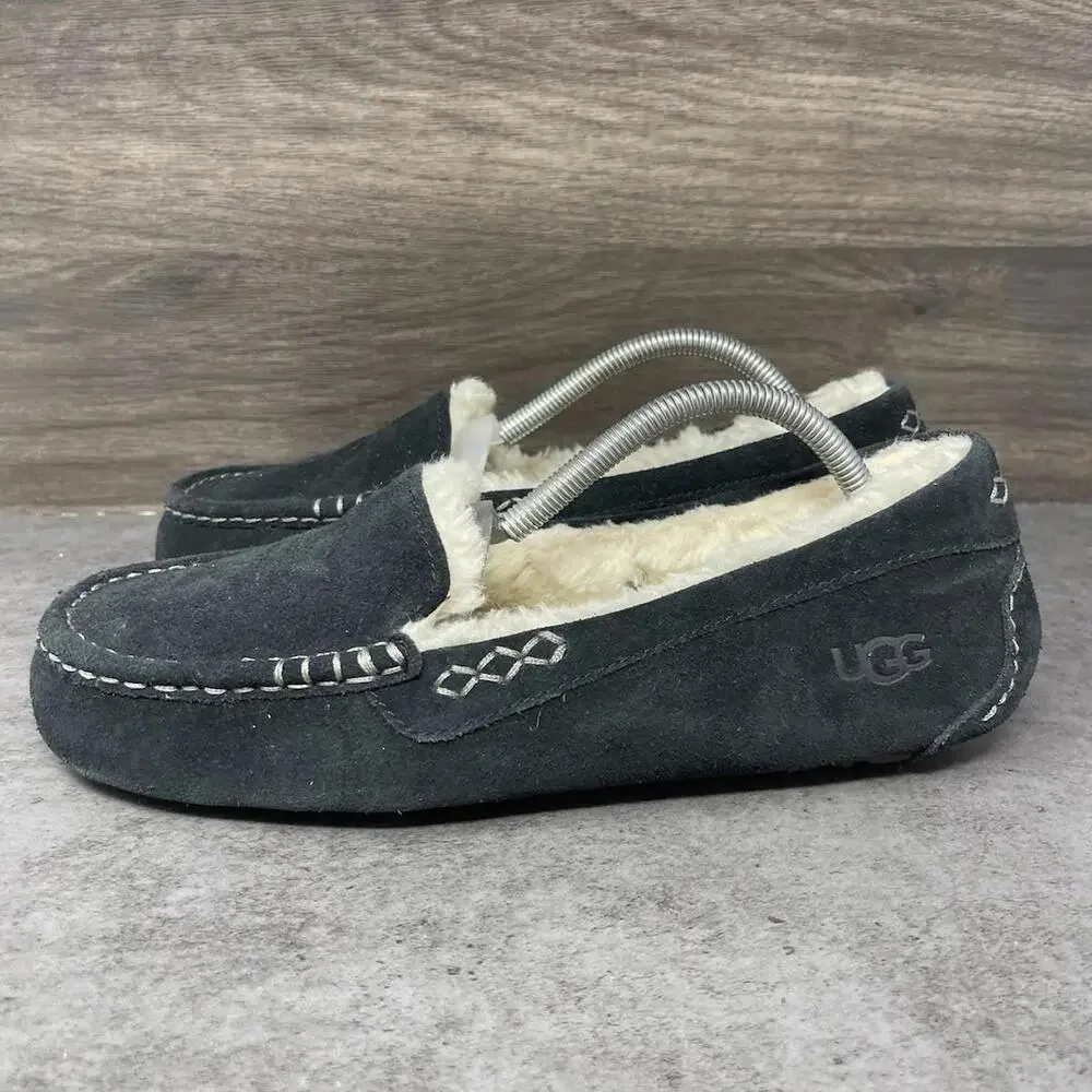 UGG Ansley Slippers Womens Size 11 Slip On Moccasin Black Suede Fur